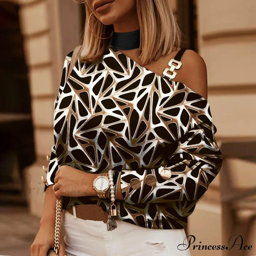 Off Shoulder Sequins Printed Long Sleeve Slash Neck Pullover - Image 9