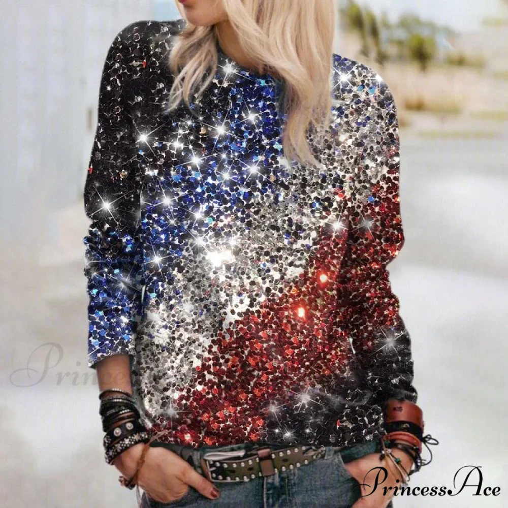 Y2k Sequins Gemstone Print Long Sleeves O-neck Pullover - Image 3