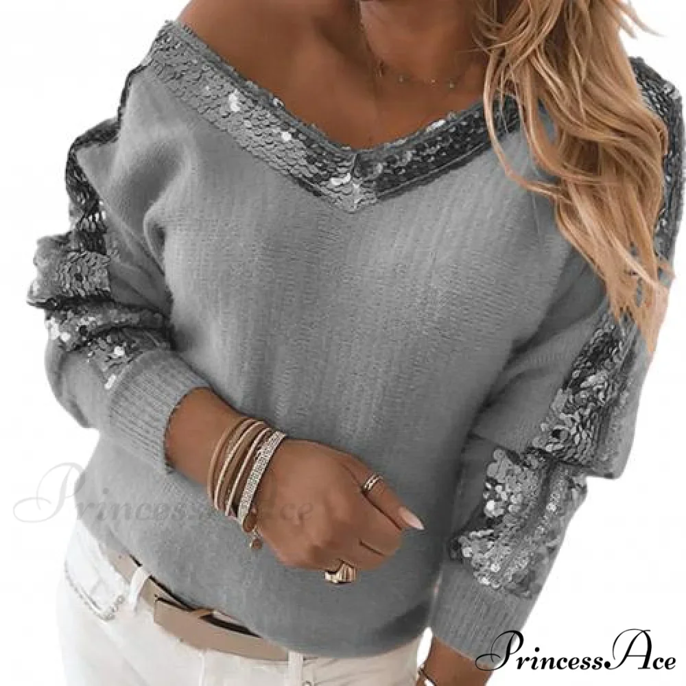 V Neck Long Sleeve Sequins One Shoulder Pullover - Image 6
