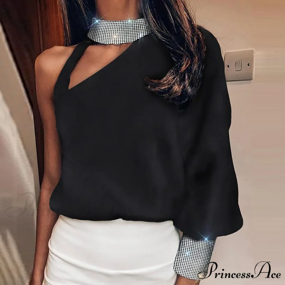 Hollow Out Sequin Off Shoulder Lantern Long Sleeve Blouse - Image 5