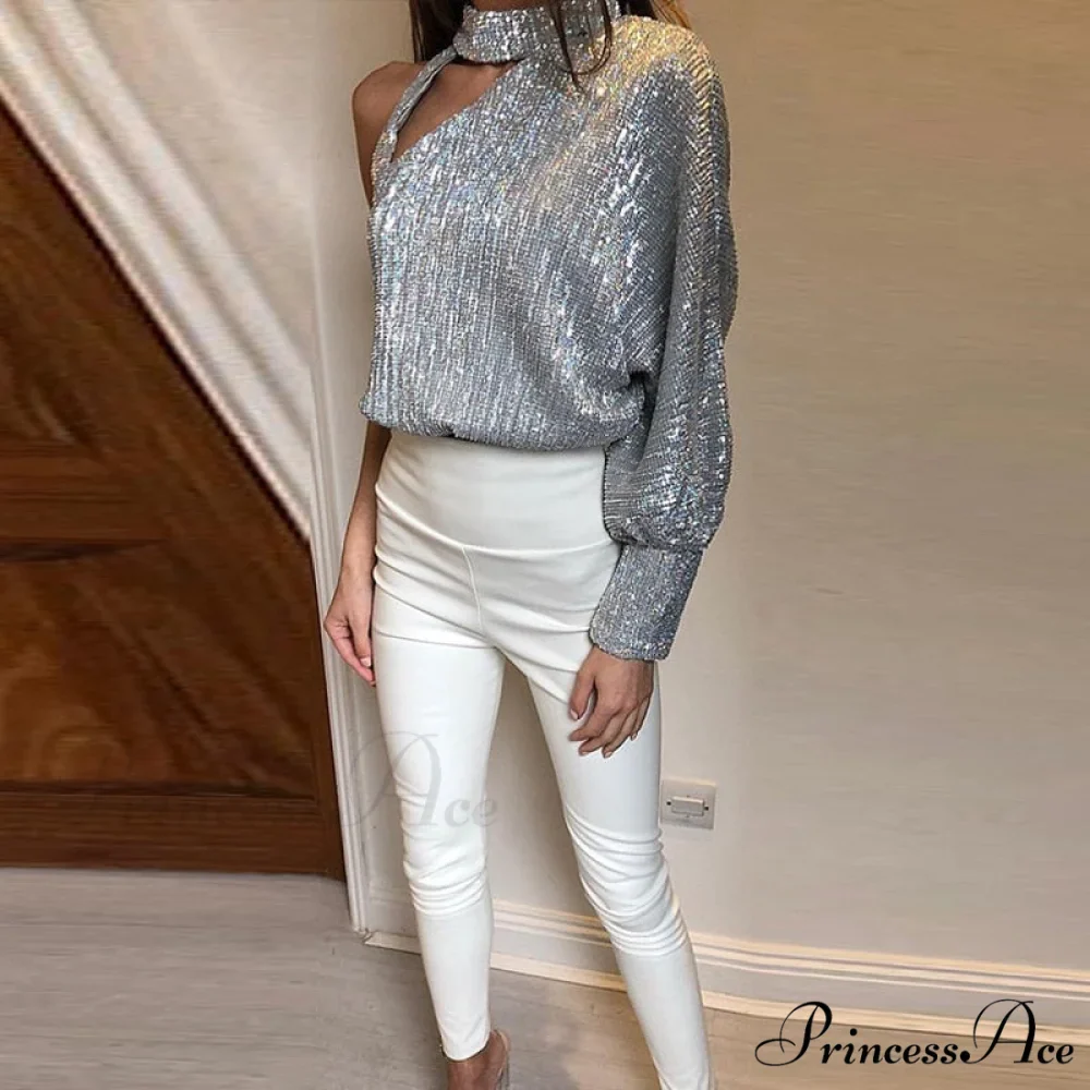 Hollow Out Sequin Off Shoulder Lantern Long Sleeve Blouse - Image 7