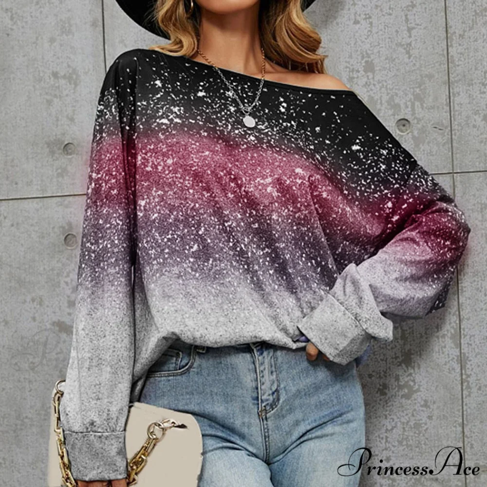 Off Shoulder Silver Sequin Long Sleeve Skew Collar Pullover - Image 2