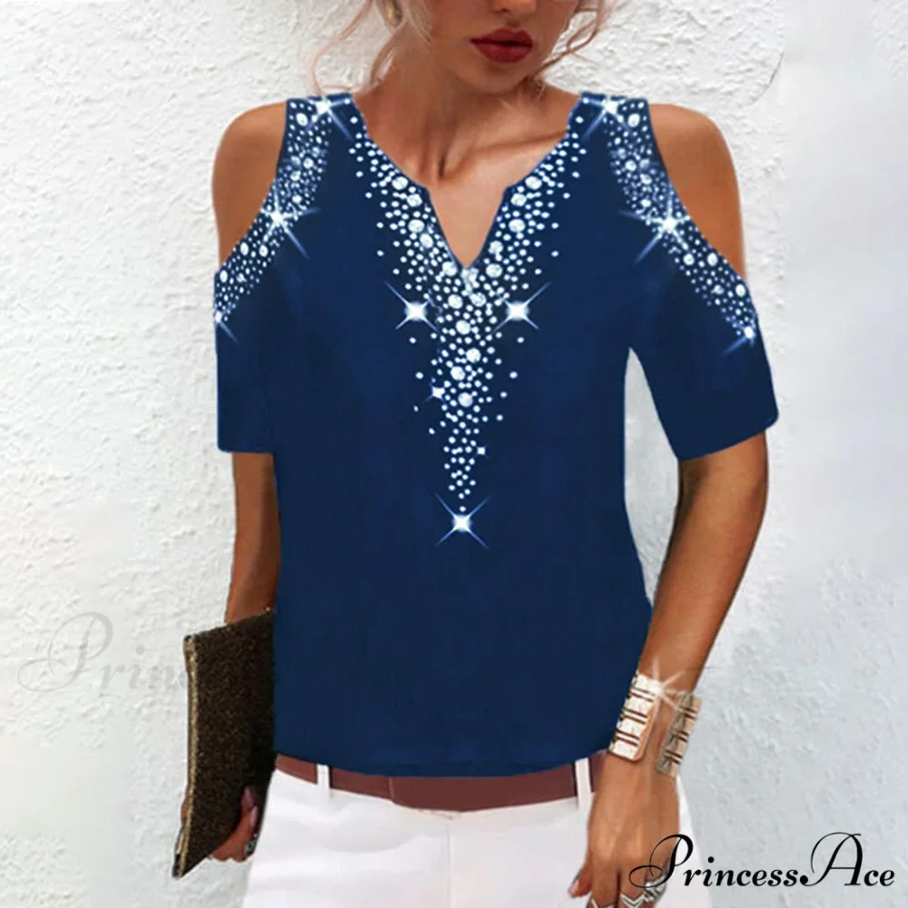 Sequined Short Sleeve Cold Shoulder V Neck Printed Club Party Shirt - Image 2
