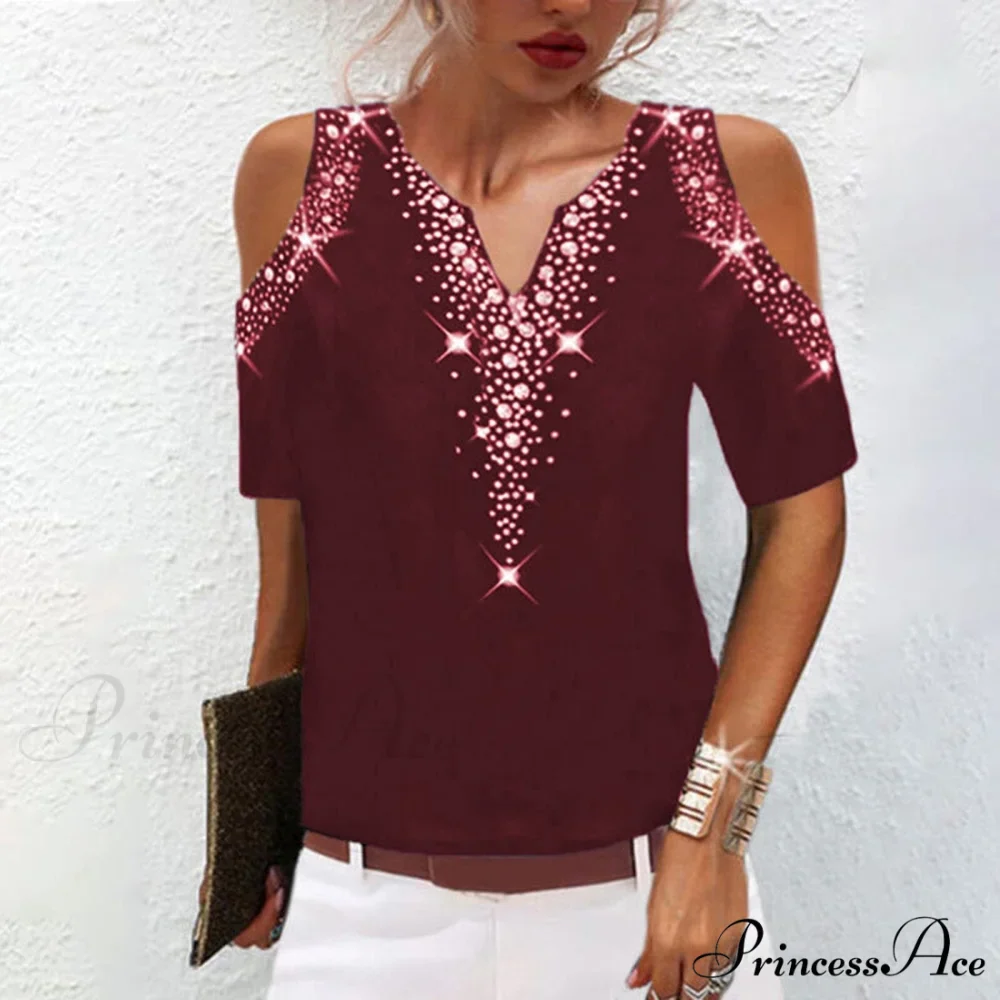 Sequined Short Sleeve Cold Shoulder V Neck Printed Club Party Shirt - Image 3