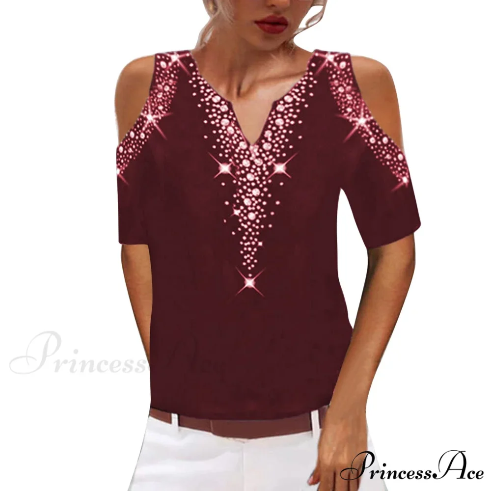 Sequined Short Sleeve Cold Shoulder V Neck Printed Club Party Shirt - Image 4