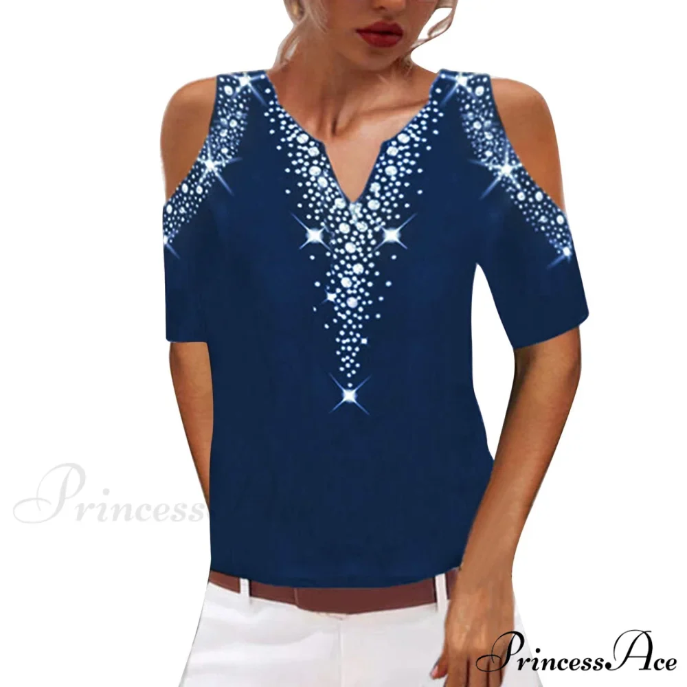 Sequined Short Sleeve Cold Shoulder V Neck Printed Club Party Shirt - Image 5