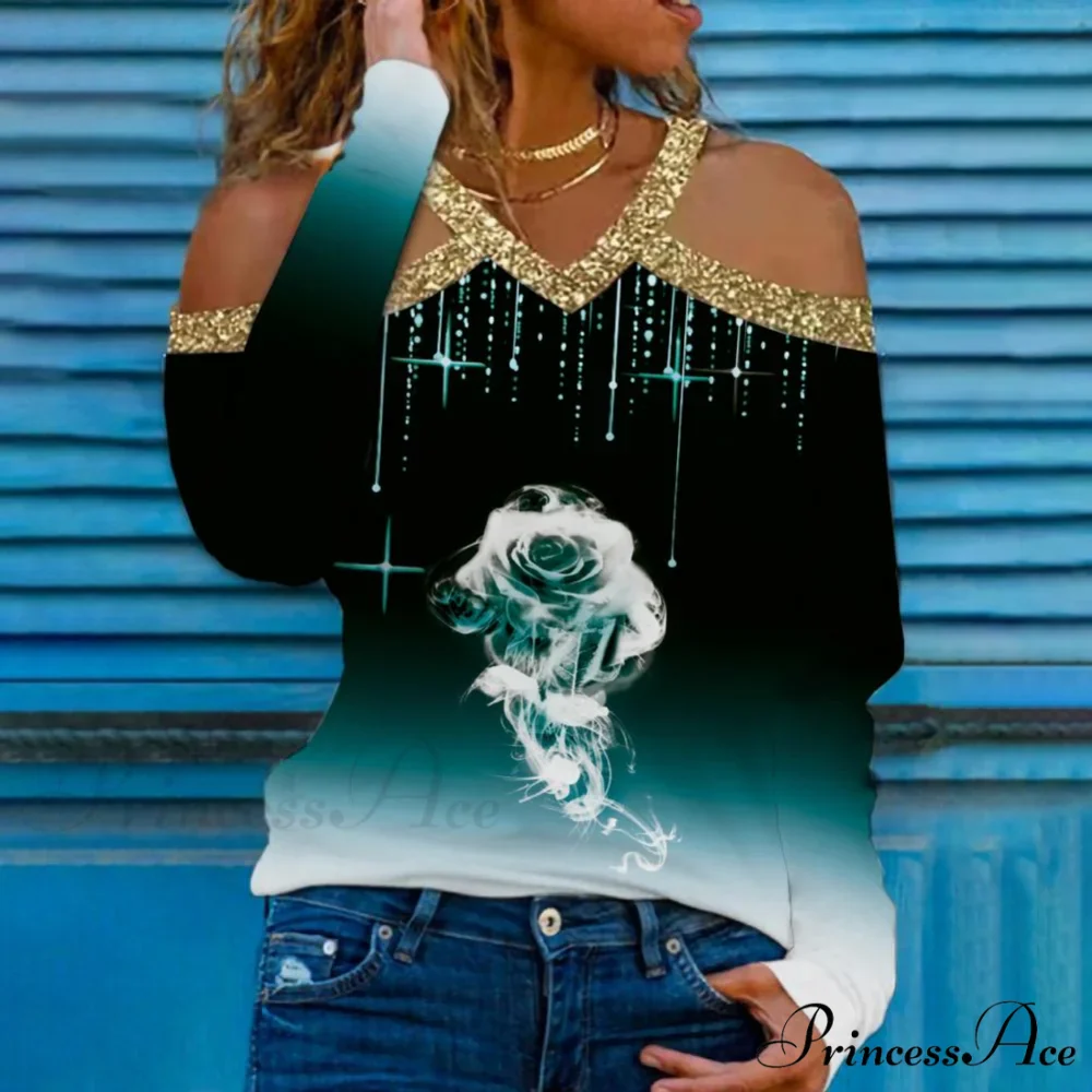 Rose Print Shiny Sequin Cold Shoulder Party Club Shirt - Image 10