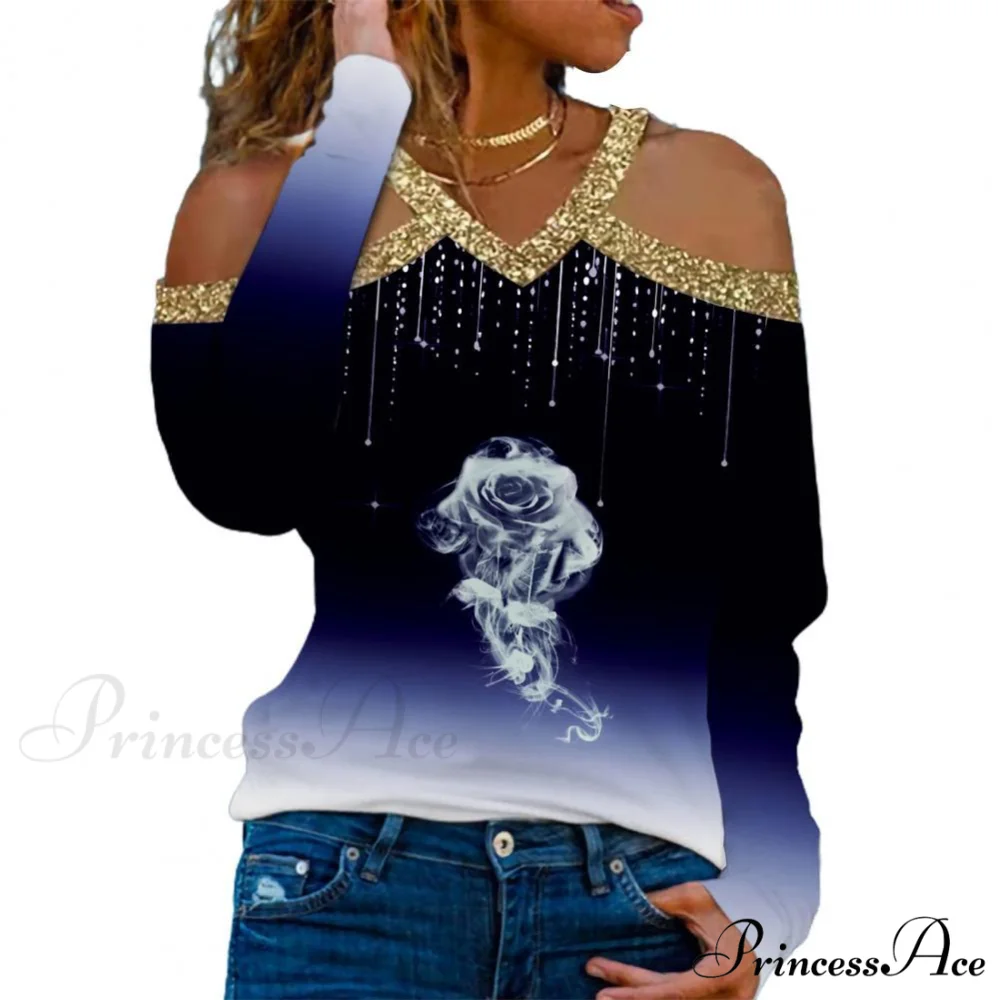 Rose Print Shiny Sequin Cold Shoulder Party Club Shirt - Image 12