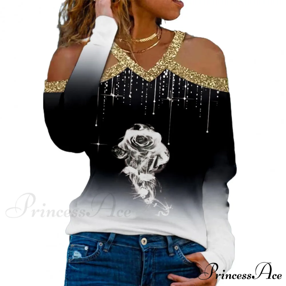 Rose Print Shiny Sequin Cold Shoulder Party Club Shirt - Image 3