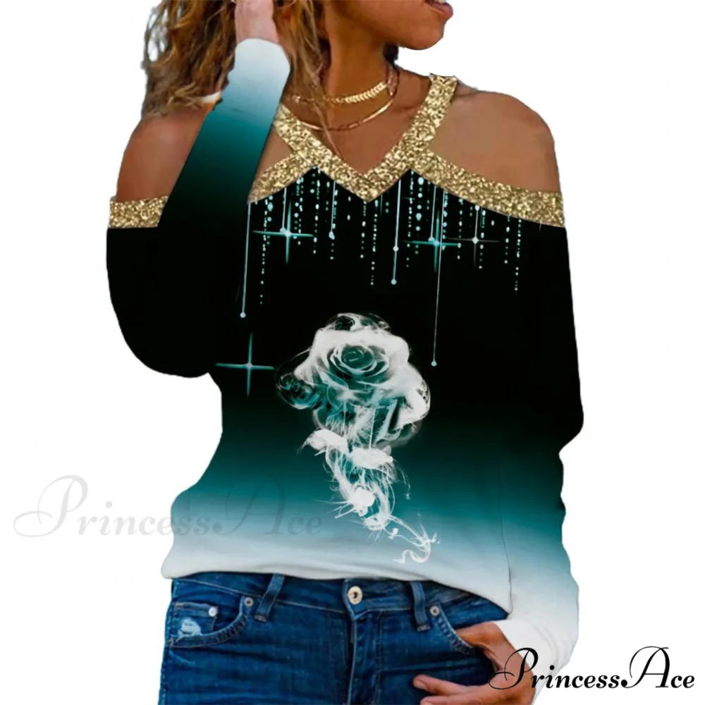 Rose Print Shiny Sequin Cold Shoulder Party Club Shirt - Image 4