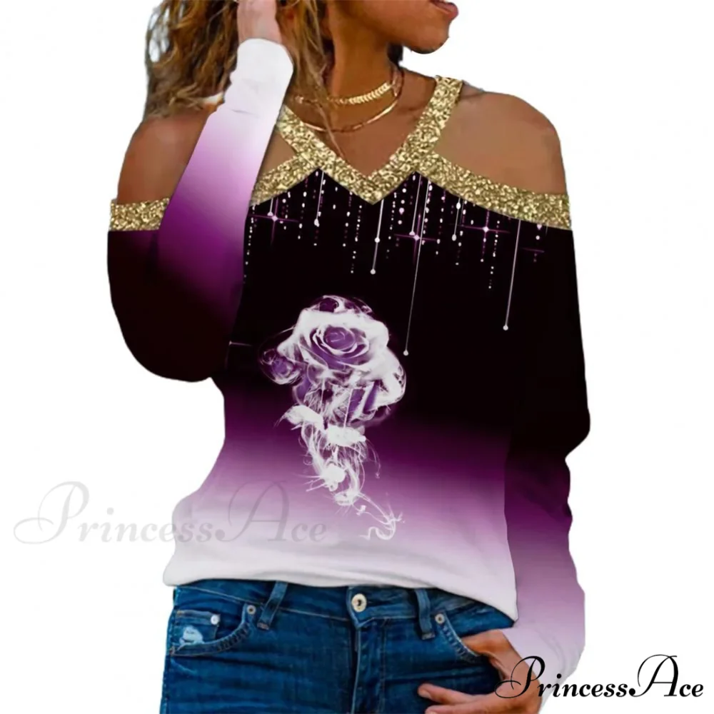 Rose Print Shiny Sequin Cold Shoulder Party Club Shirt - Image 5