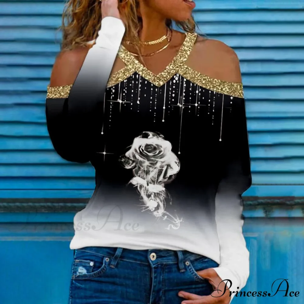 Rose Print Shiny Sequin Cold Shoulder Party Club Shirt - Image 6
