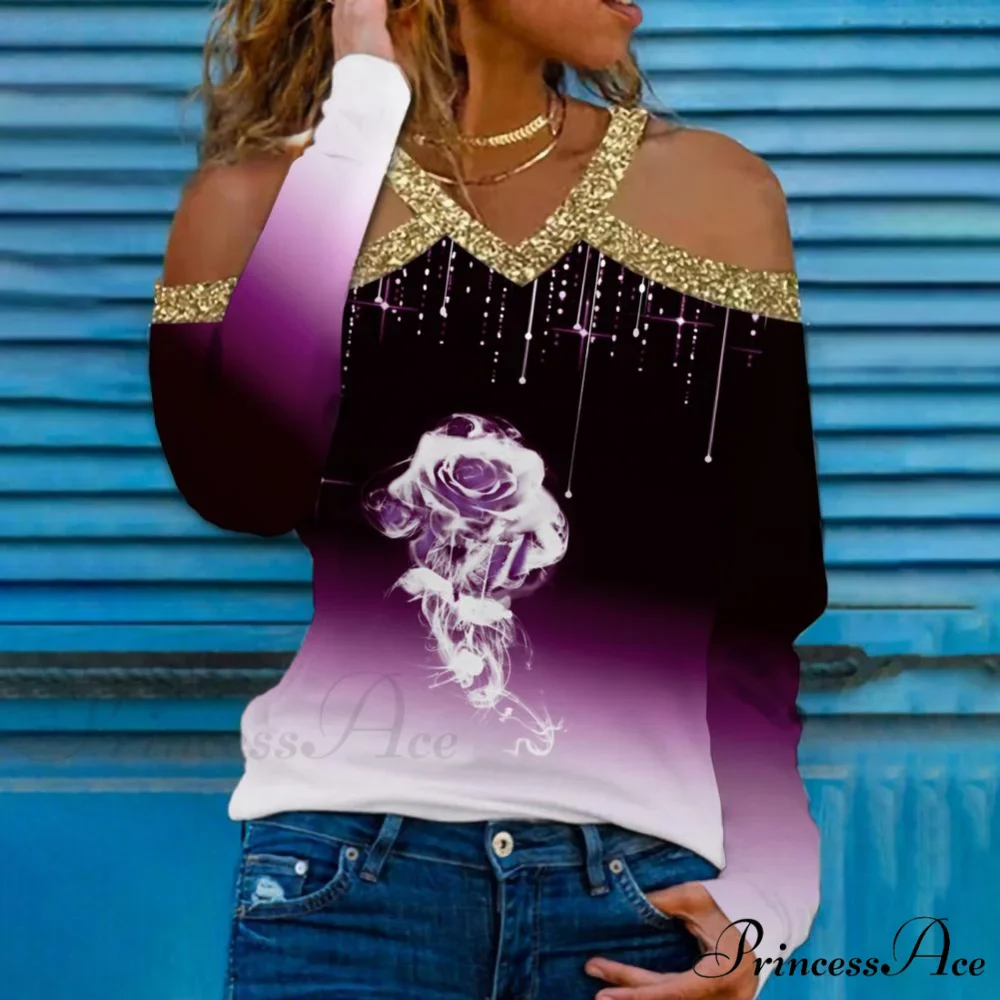 Rose Print Shiny Sequin Cold Shoulder Party Club Shirt - Image 7