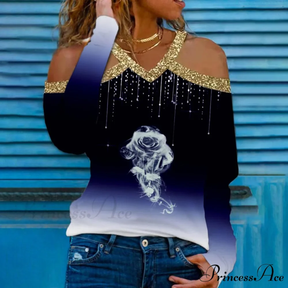 Rose Print Shiny Sequin Cold Shoulder Party Club Shirt - Image 8