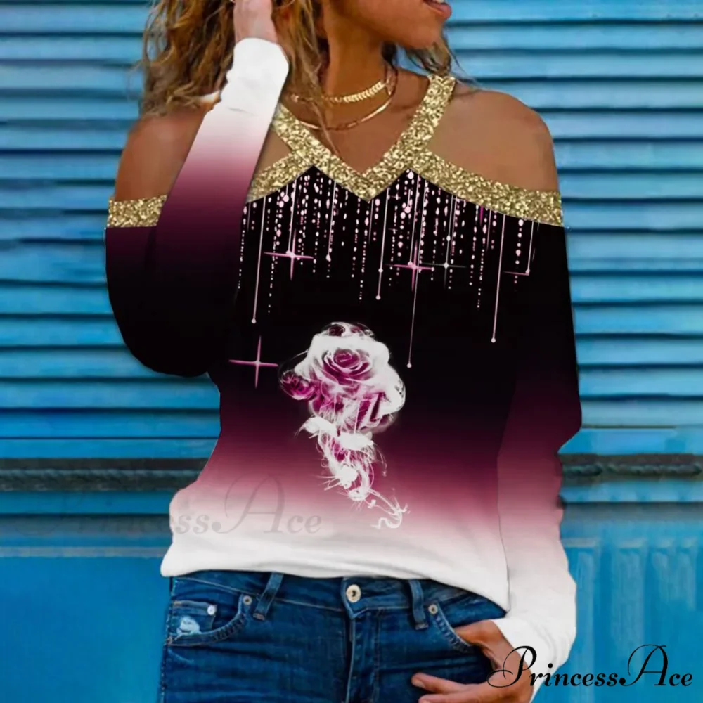 Rose Print Shiny Sequin Cold Shoulder Party Club Shirt - Image 9