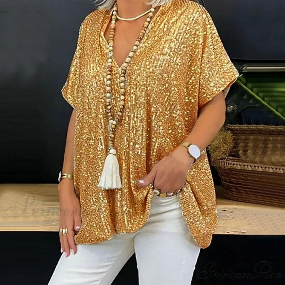 Retro Printed 3D Cutting Loose Shiny Sequins Blouse - Image 2