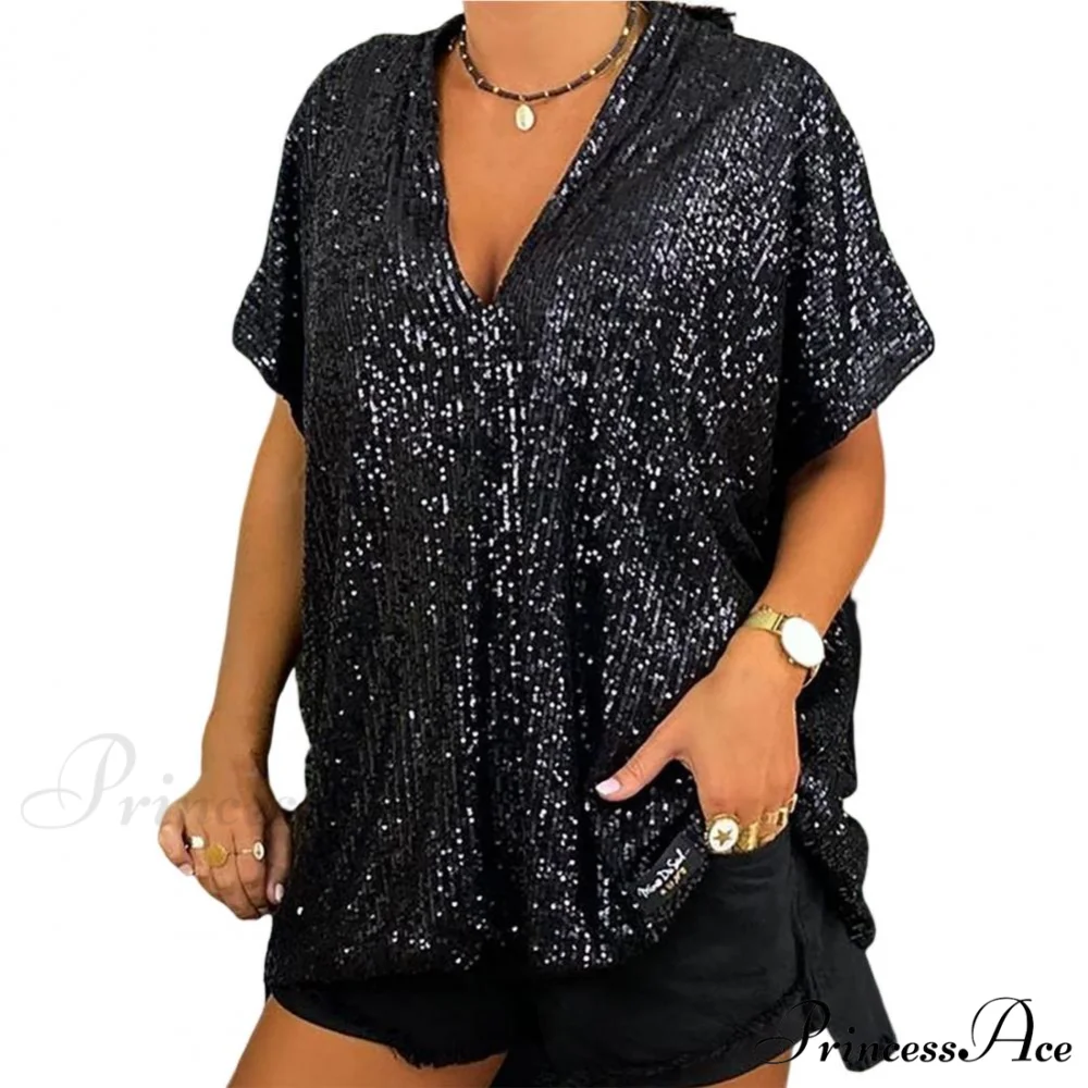 Retro Printed 3D Cutting Loose Shiny Sequins Blouse - Image 5
