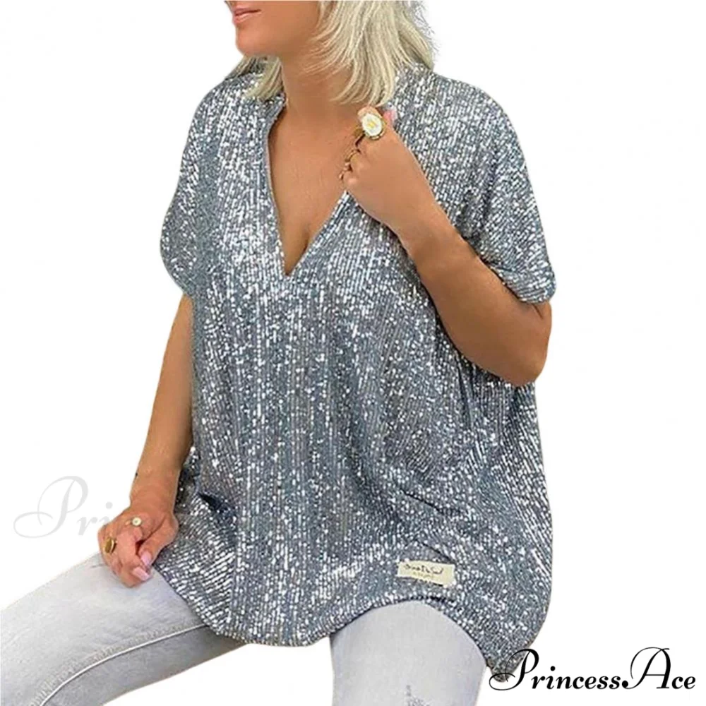 Retro Printed 3D Cutting Loose Shiny Sequins Blouse - Image 6