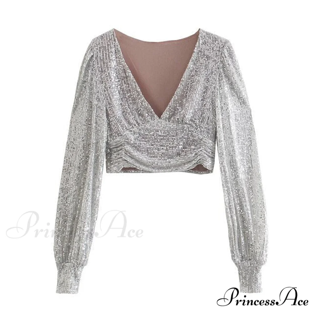 Sequined Vintage V-Neck Party Long Sleeve Tee - Image 7