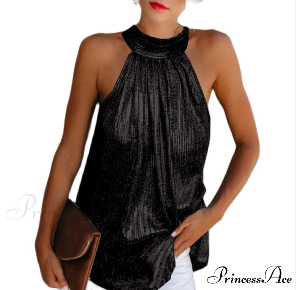 Sequin Glitter Strappy Hang-Neck Swing Clubwear Party Night Tank - Image 3