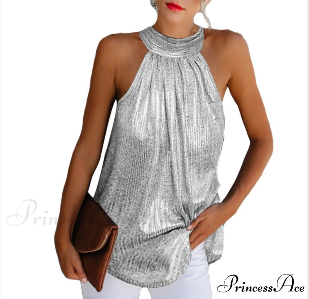 Sequin Glitter Strappy Hang-Neck Swing Clubwear Party Night Tank - Image 9