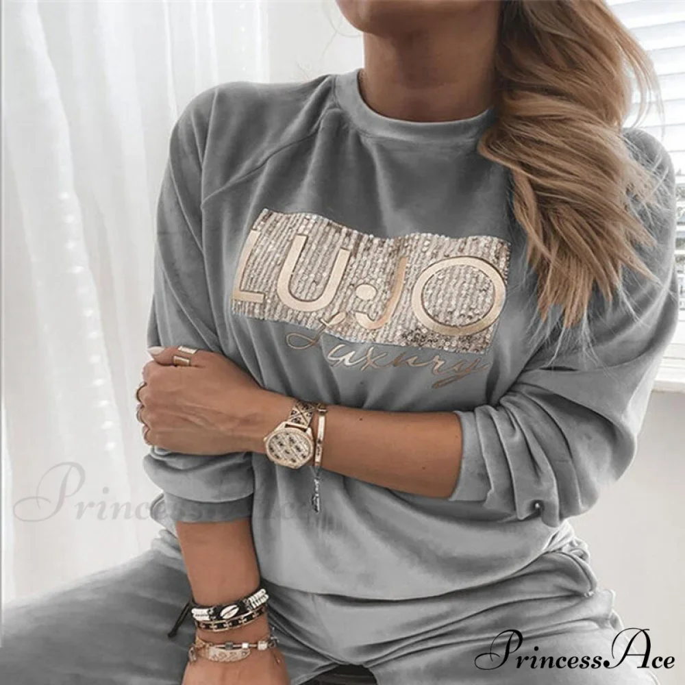 Retro Round Neck Velvet Letter Print Sequin Sweatshirt - Image 2