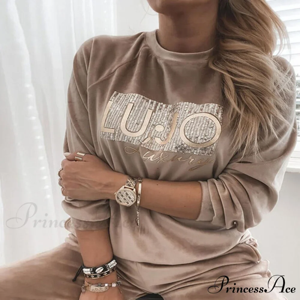 Retro Round Neck Velvet Letter Print Sequin Sweatshirt - Image 3