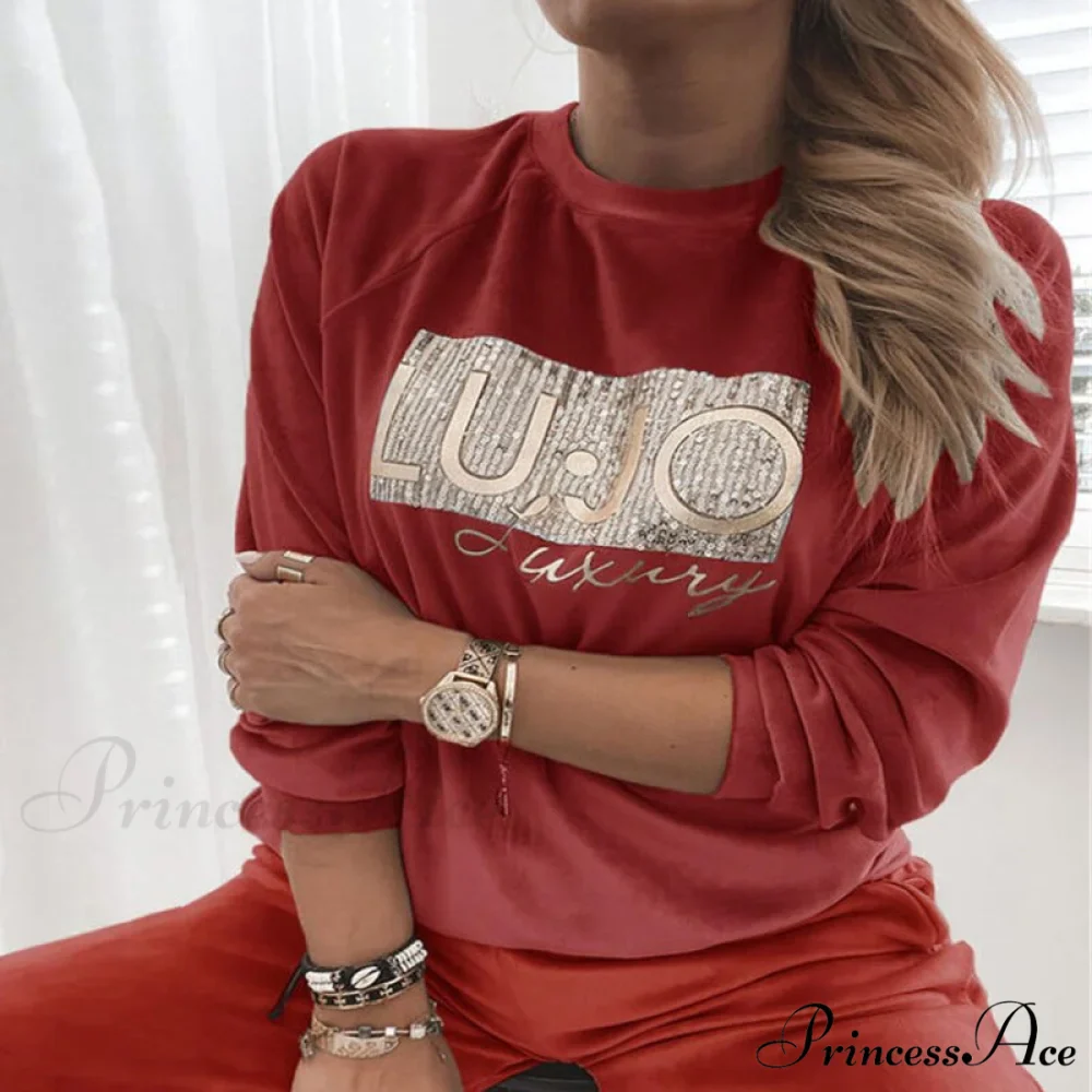 Retro Round Neck Velvet Letter Print Sequin Sweatshirt - Image 4