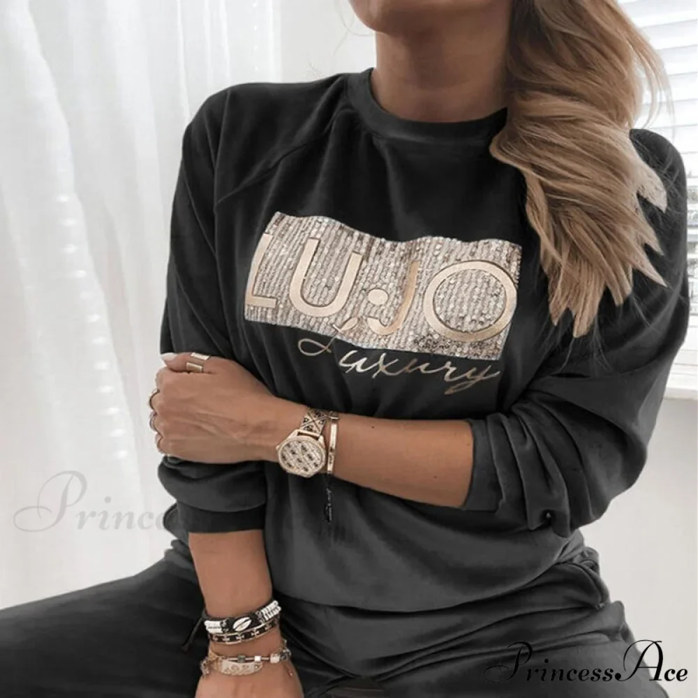 Retro Round Neck Velvet Letter Print Sequin Sweatshirt - Image 5