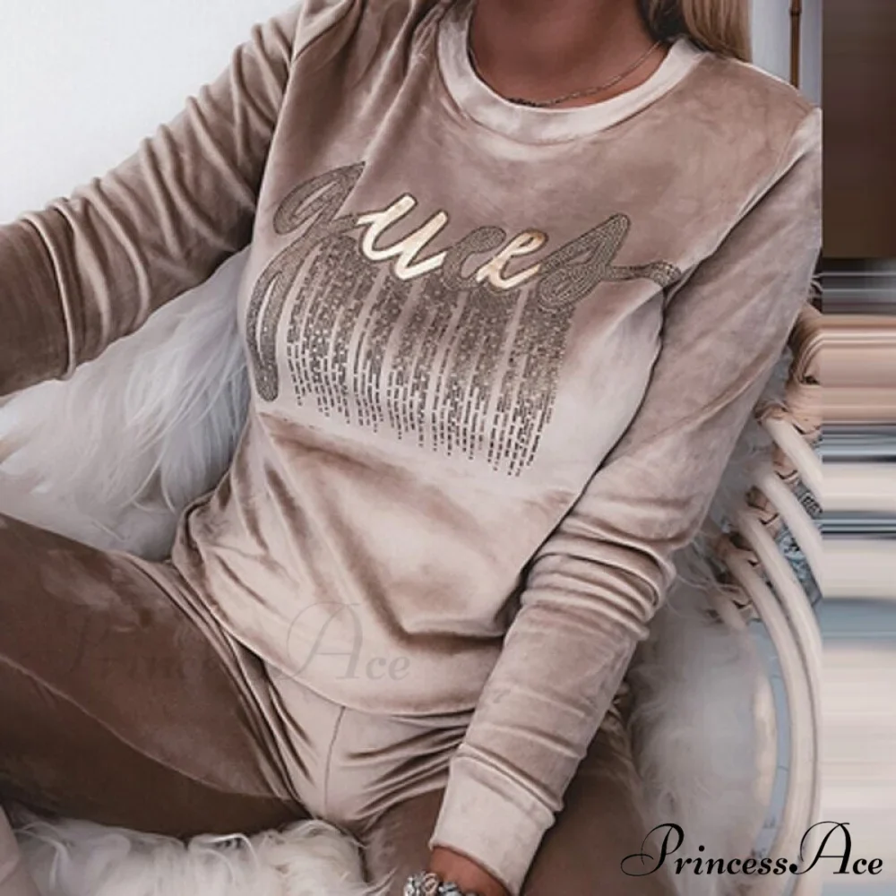 Retro Round Neck Velvet Letter Print Sequin Sweatshirt - Image 6