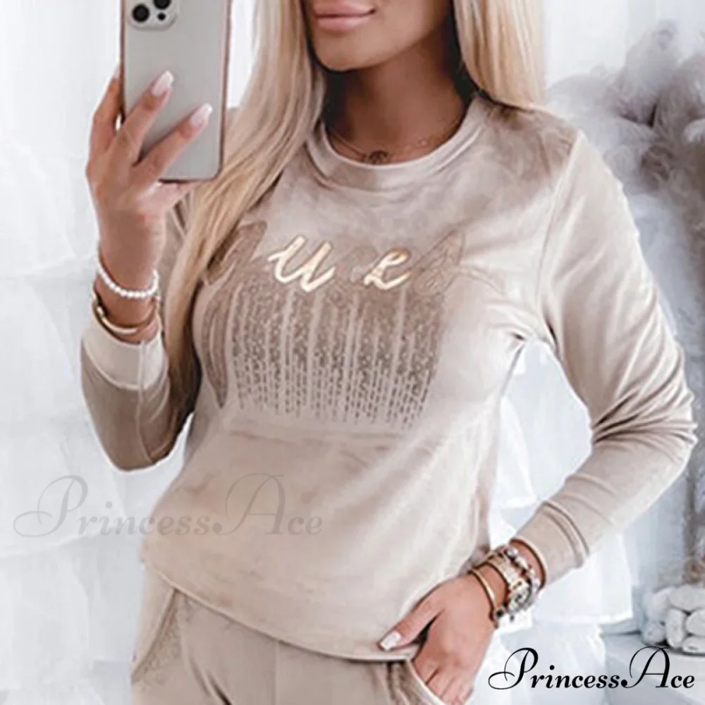 Retro Round Neck Velvet Letter Print Sequin Sweatshirt - Image 7