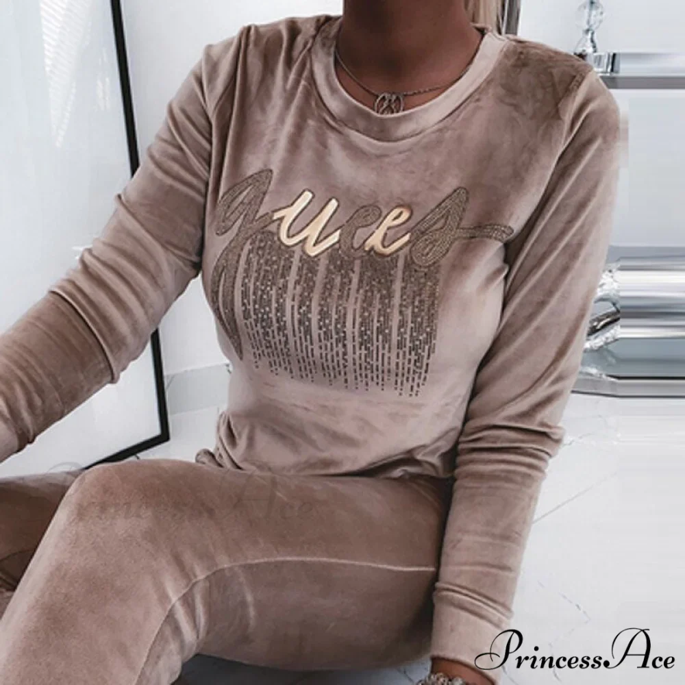 Retro Round Neck Velvet Letter Print Sequin Sweatshirt - Image 8