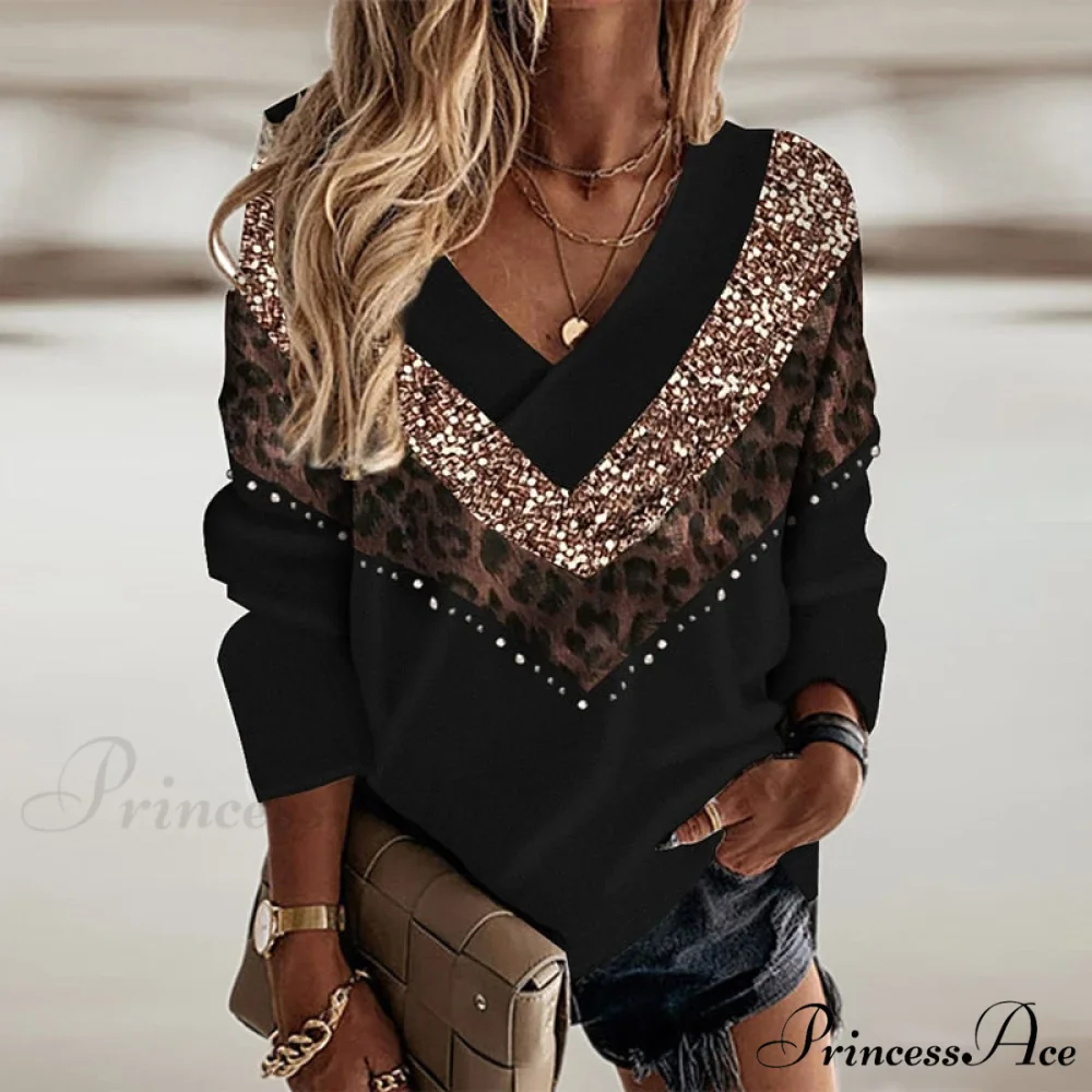 Retro Leopard Print Contrast Color V-Neck Pullover - Image 2