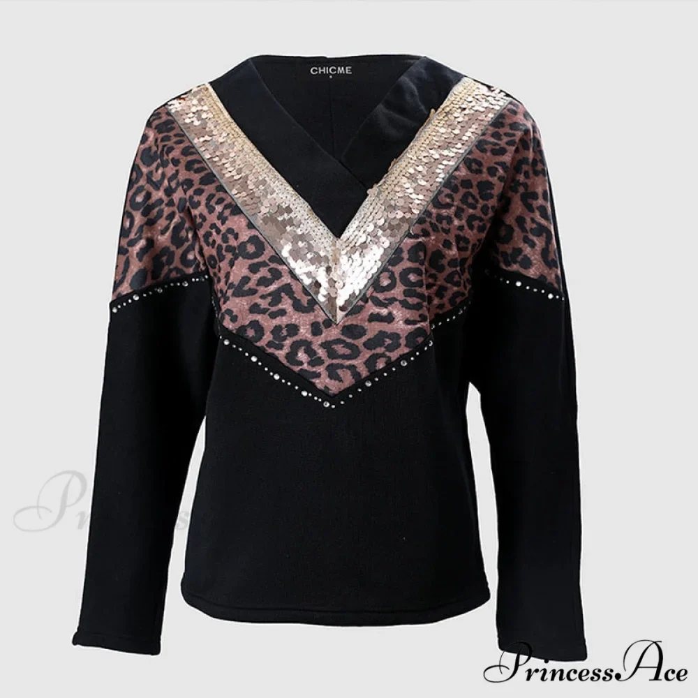 Retro Leopard Print Contrast Color V-Neck Pullover - Image 3