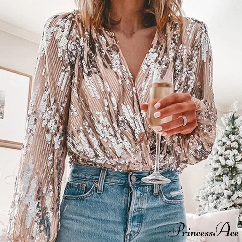 Sequins V Neck Office Lady Lantern Sleeve Blouse - Image 6