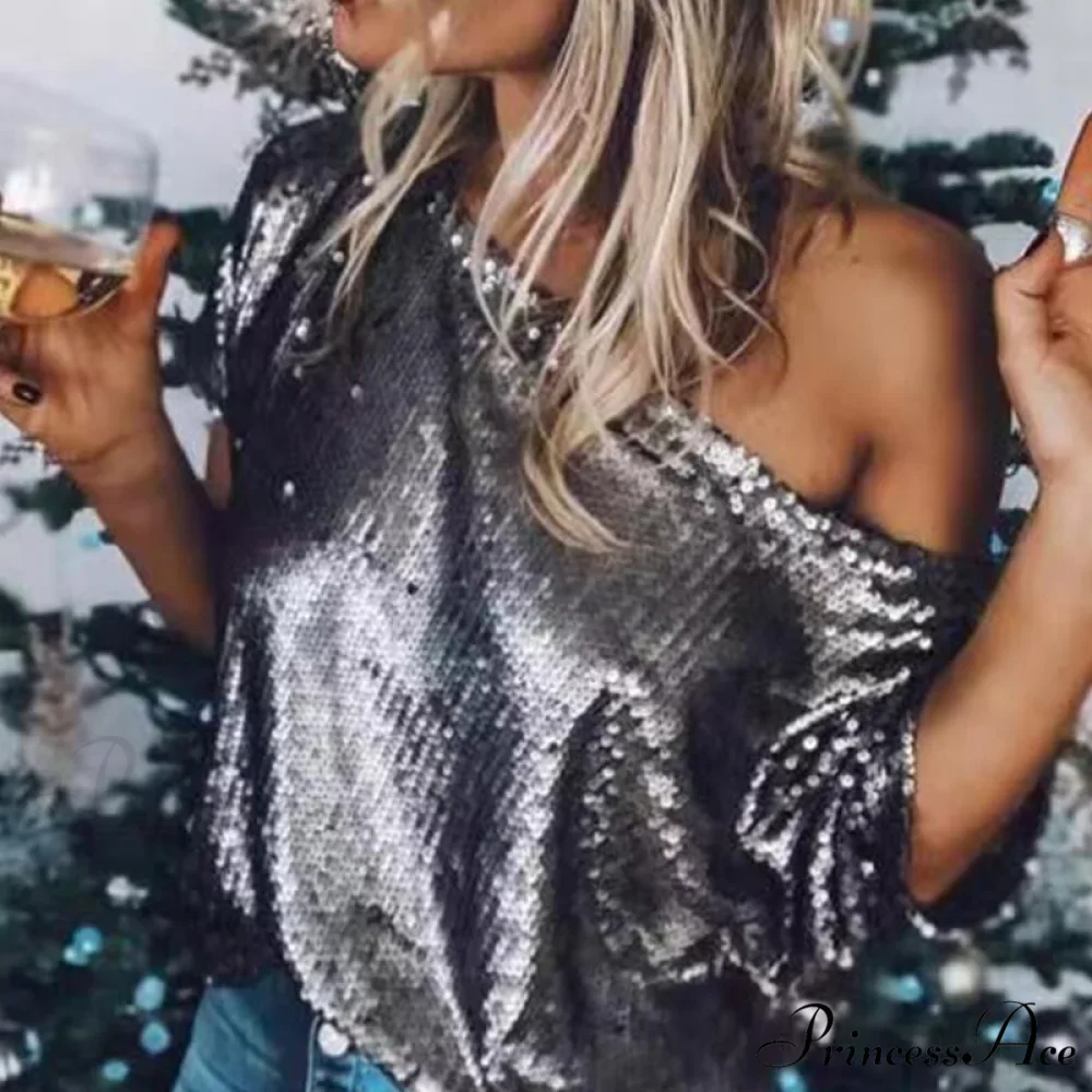 Half Sleevele Glitter Solid Sequin T-Shirt Blouse - Image 3