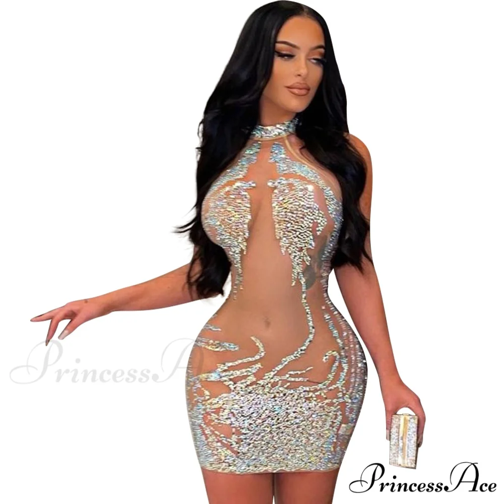 Sexy Mesh Rhinestone Short Prom Evening Mini Dress - Image 3