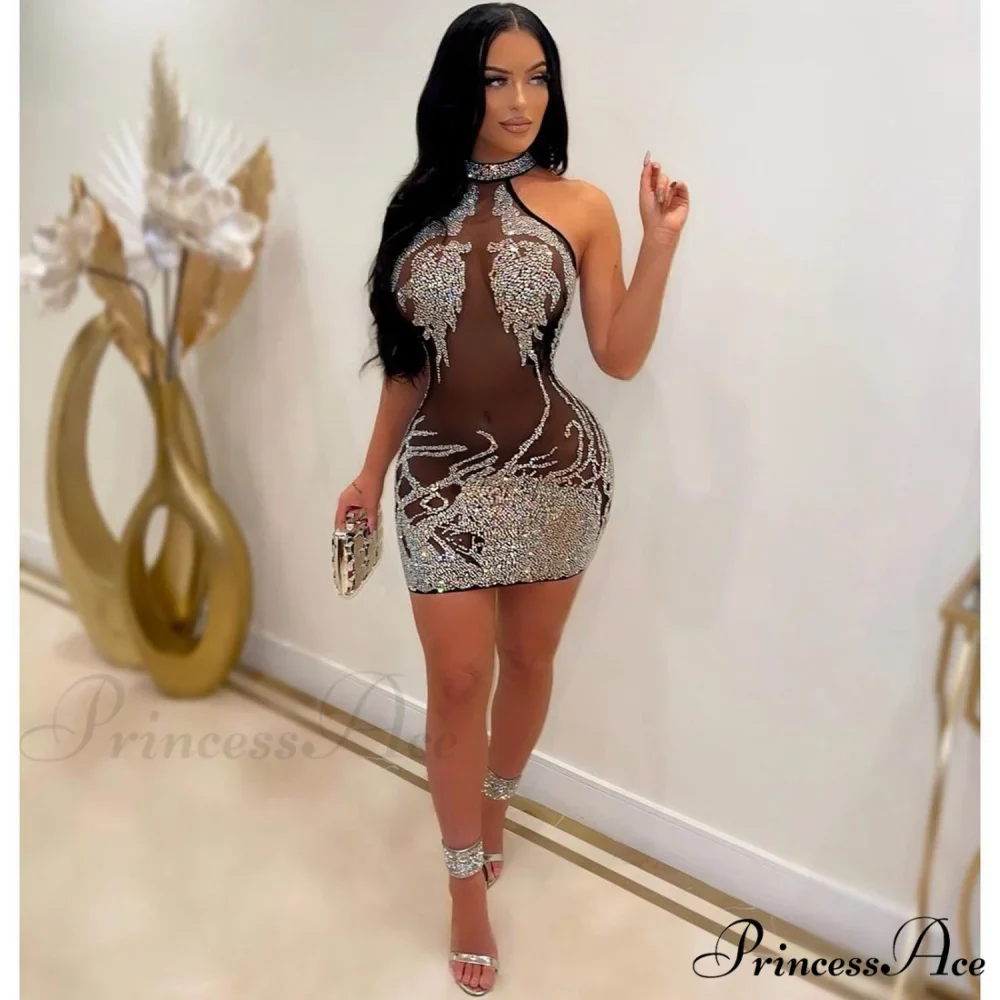 Sexy Mesh Rhinestone Short Prom Evening Mini Dress - Image 6