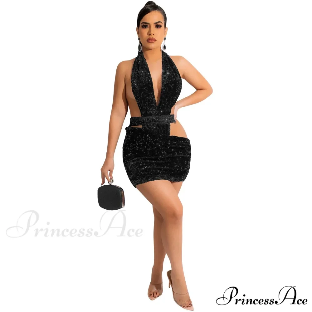 Sparkling Sequin Hollow Out Deep V Neck Halter Backless Mini Dress - Image 10