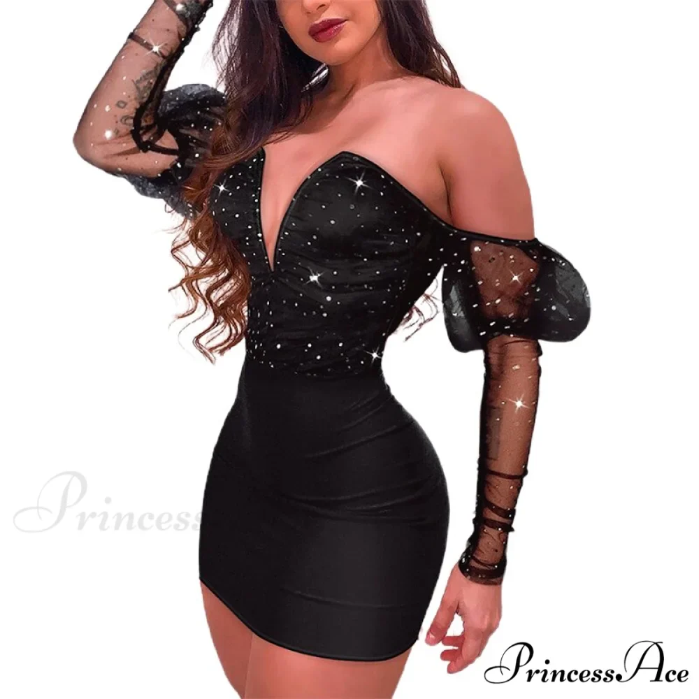 Strapless Glitter V-Cut Contrast Mesh Gigot Sleeve Bodycon Dress - Image 5