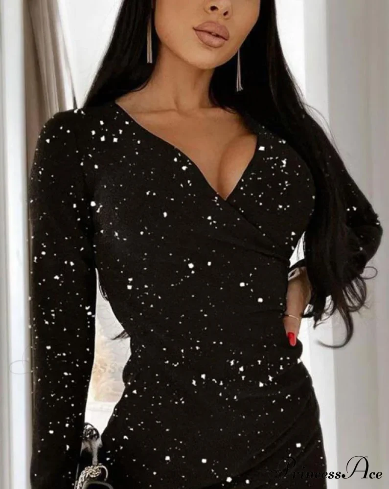 Plain V-Neck Glitter Long Sleeve Ruched Bodycon Evening Mini Dress - Image 3