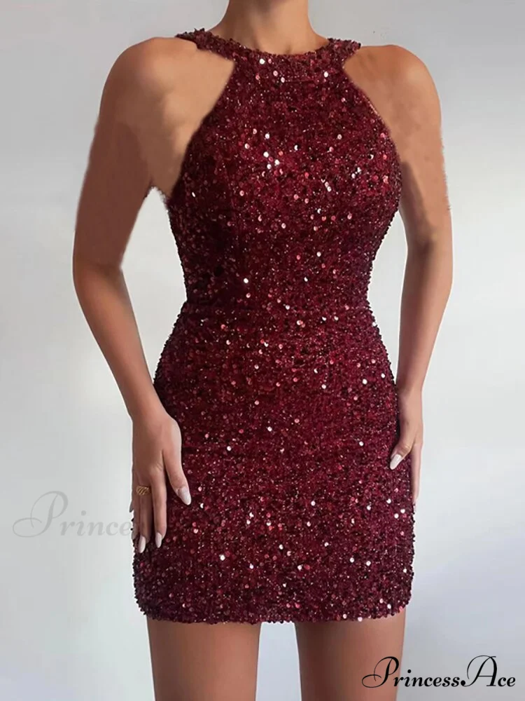 Sleeveless Off Shoulder Skinny High Waist Halter Chain Sequin Dress - Image 15