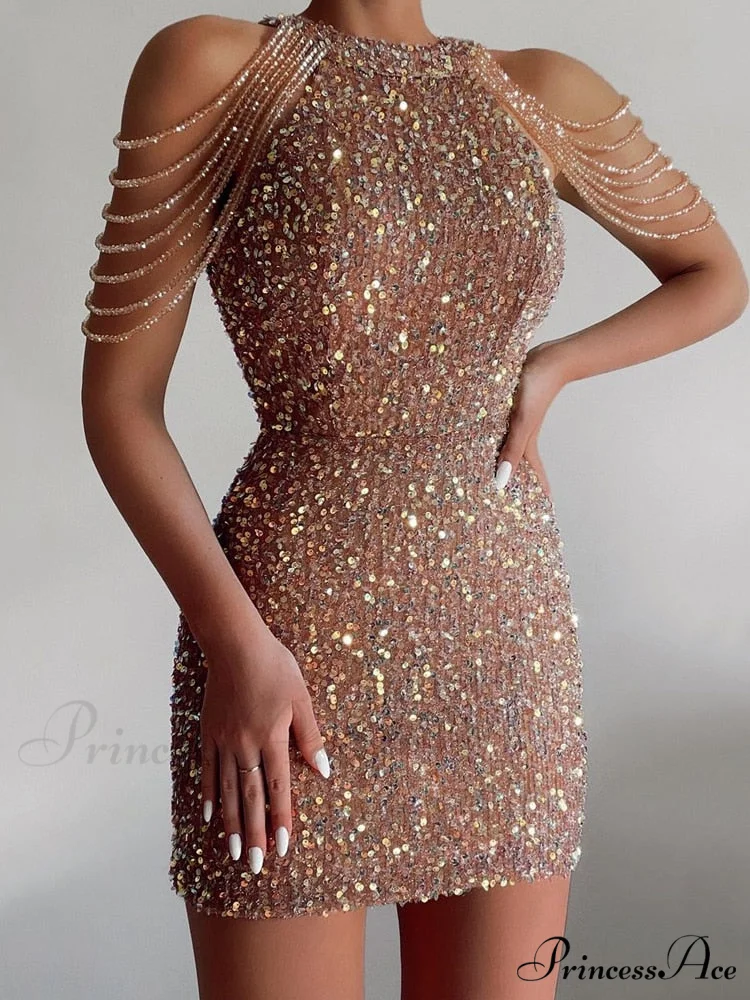 Sleeveless Off Shoulder Skinny High Waist Halter Chain Sequin Dress - Image 2