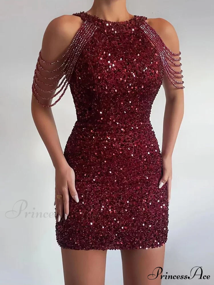 Sleeveless Off Shoulder Skinny High Waist Halter Chain Sequin Dress - Image 4