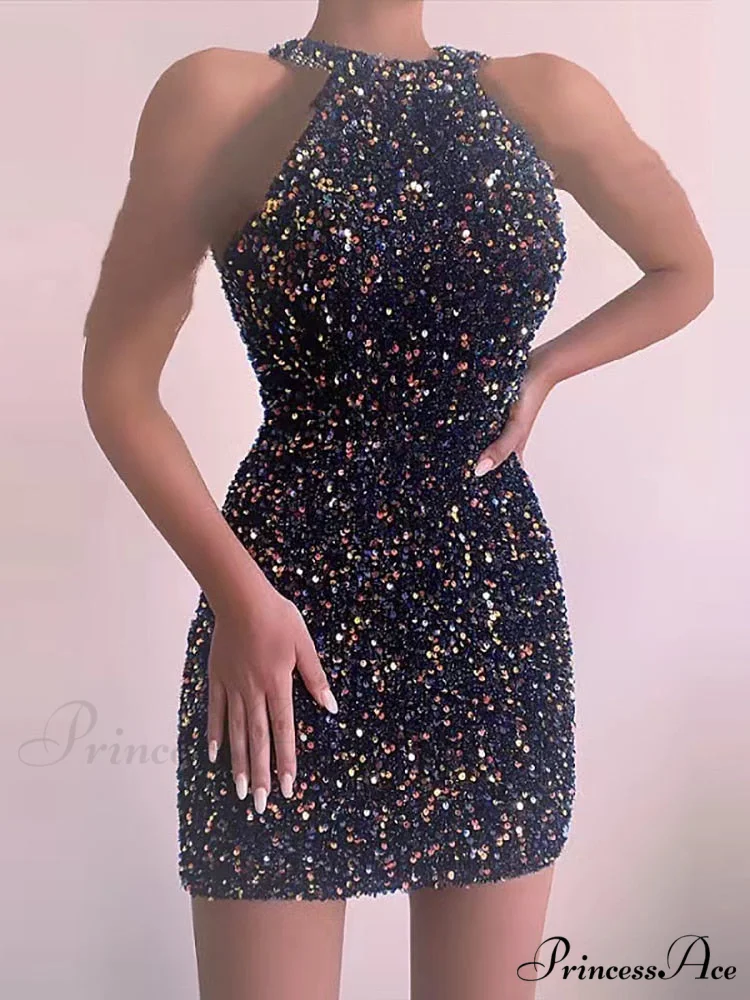 Sleeveless Off Shoulder Skinny High Waist Halter Chain Sequin Dress - Image 6