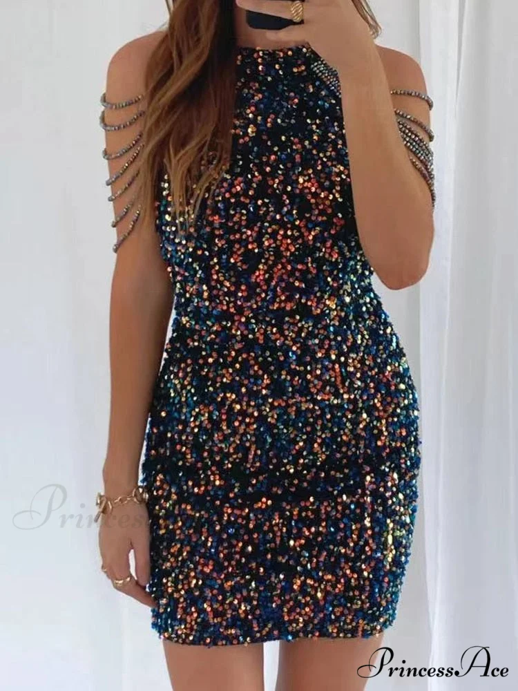 Sleeveless Off Shoulder Skinny High Waist Halter Chain Sequin Dress - Image 7