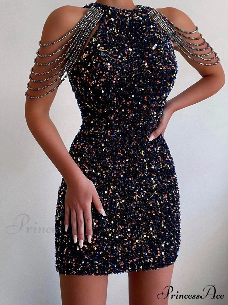 Sleeveless Off Shoulder Skinny High Waist Halter Chain Sequin Dress - Image 8