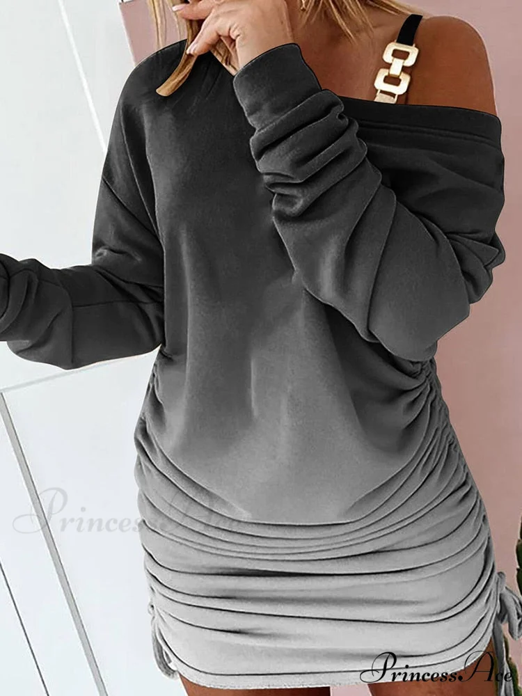 Hollow Off Shoulder Drawstring Casual Diagonal Collar Long Seeve Dress - Image 11