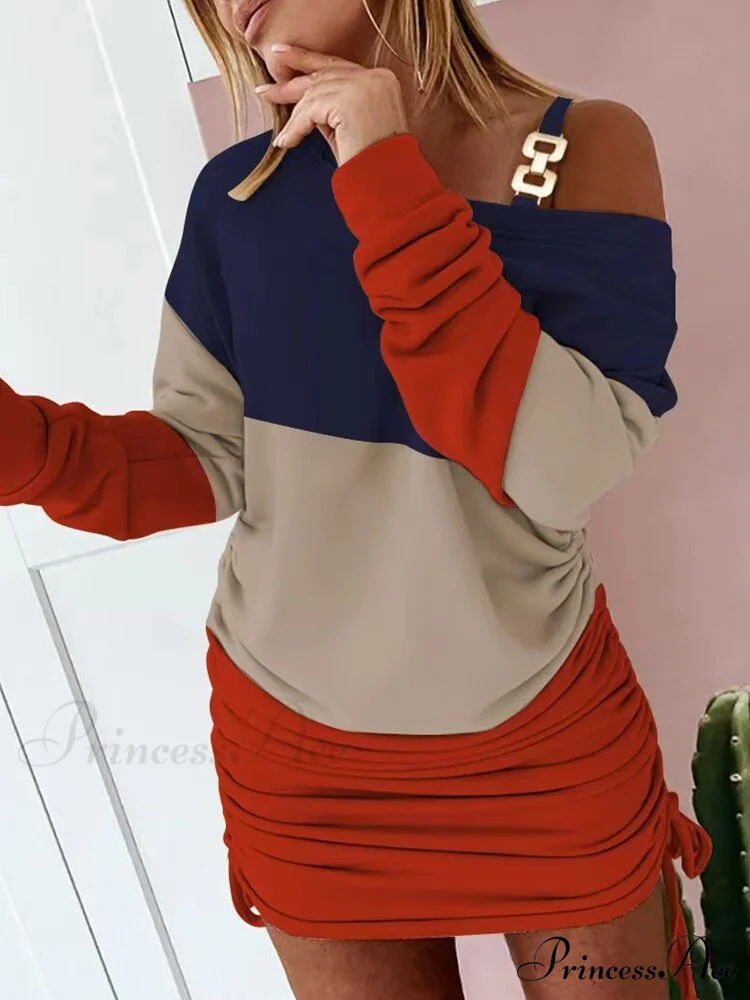 Hollow Off Shoulder Drawstring Casual Diagonal Collar Long Seeve Dress - Image 12