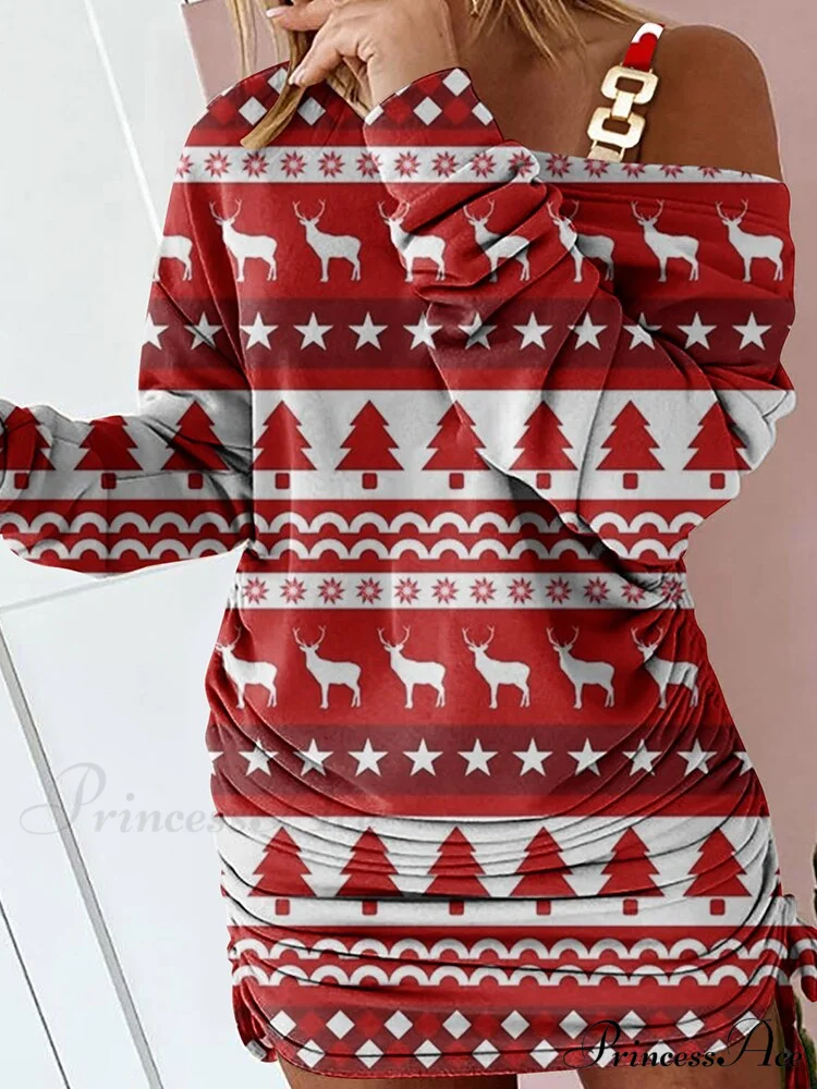 Hollow Off Shoulder Drawstring Casual Diagonal Collar Long Seeve Dress - Image 16